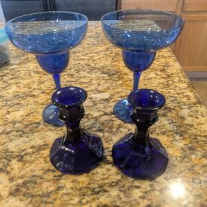 Vintage Cobalt Blue Candle Stick Holders and Pair Of Vintage Margarita Glasses.